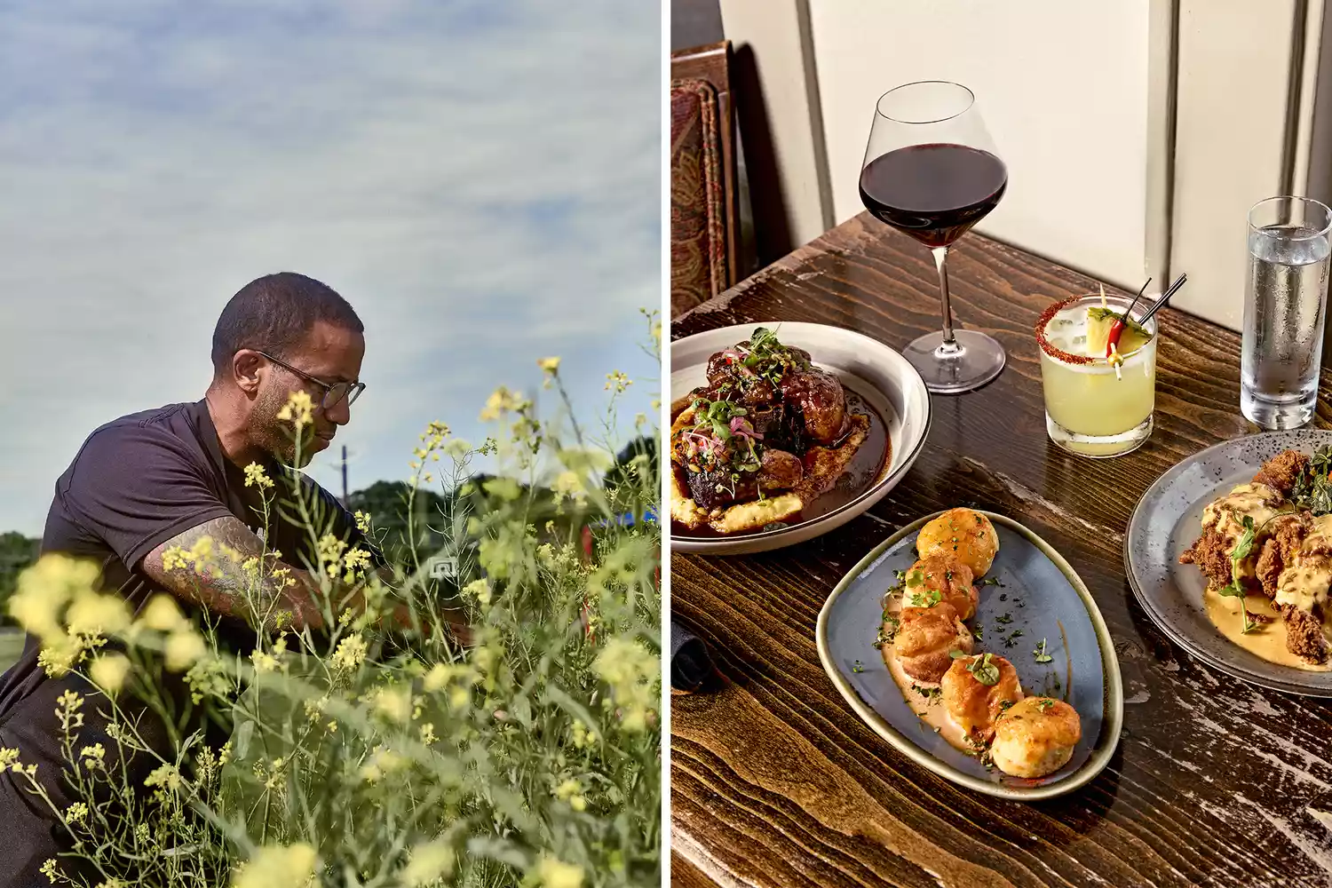 Chef Chris Williams of Lucille’s and a spread of oxtails, grits, and chili biscuits.