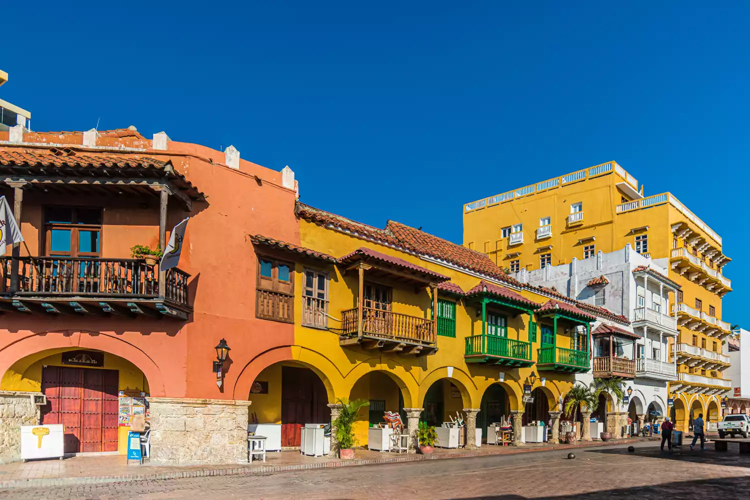The colorful historic downtown of Cartagena de Indias at street level