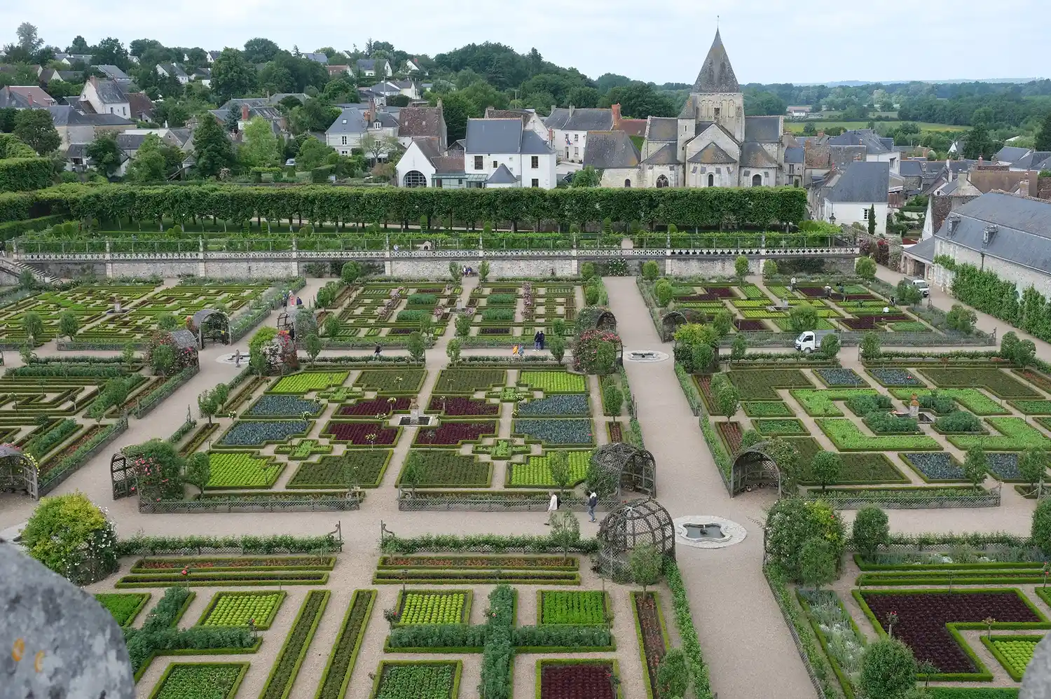 An overhead view of the intricate geometric patterns in the ornamental gardens at Villandry.
