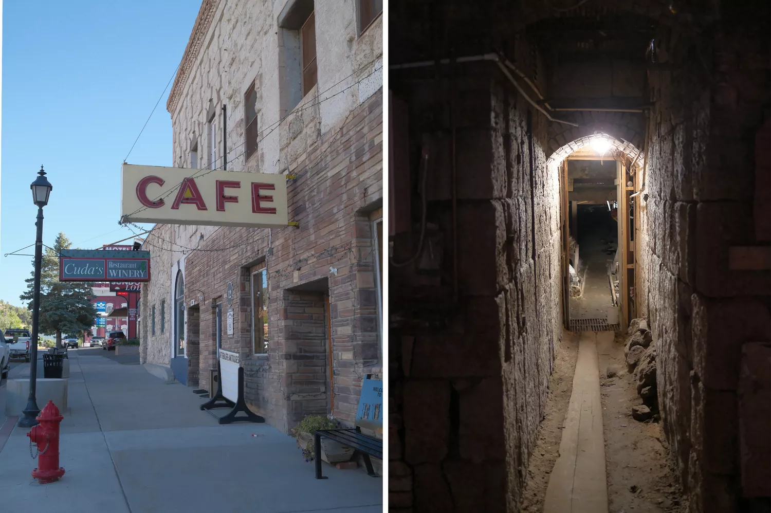The entrance to an antique shop and a stone underground tunnel in Eureka, Nevada.