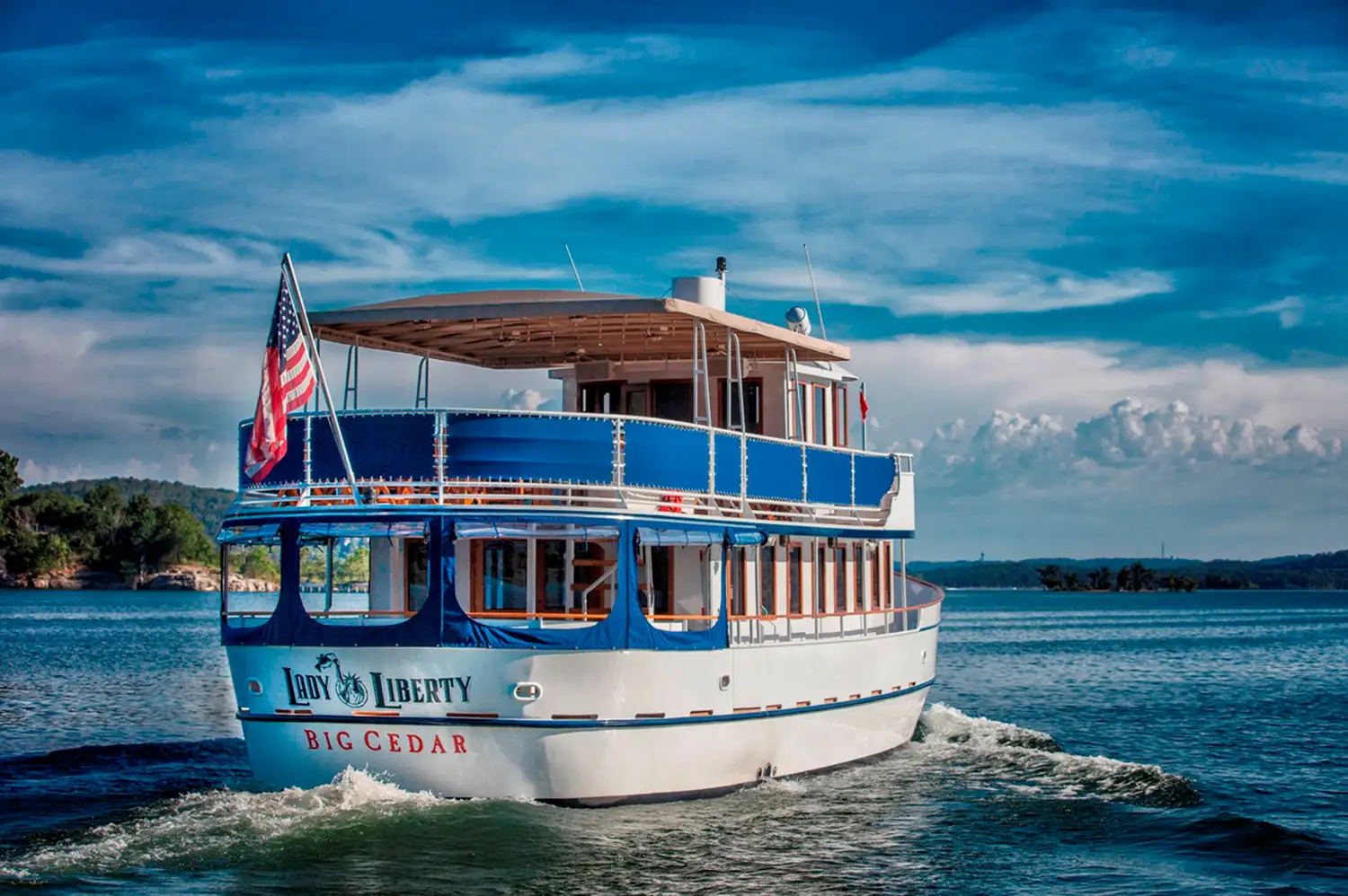 The Lady Liberty yacht cruising on Table Rock Lake near Big Cedar Lodge.