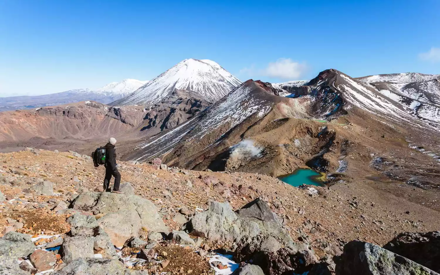 A hiker standing in front of the Red Crater in Tongariro National Park, New Zealand.