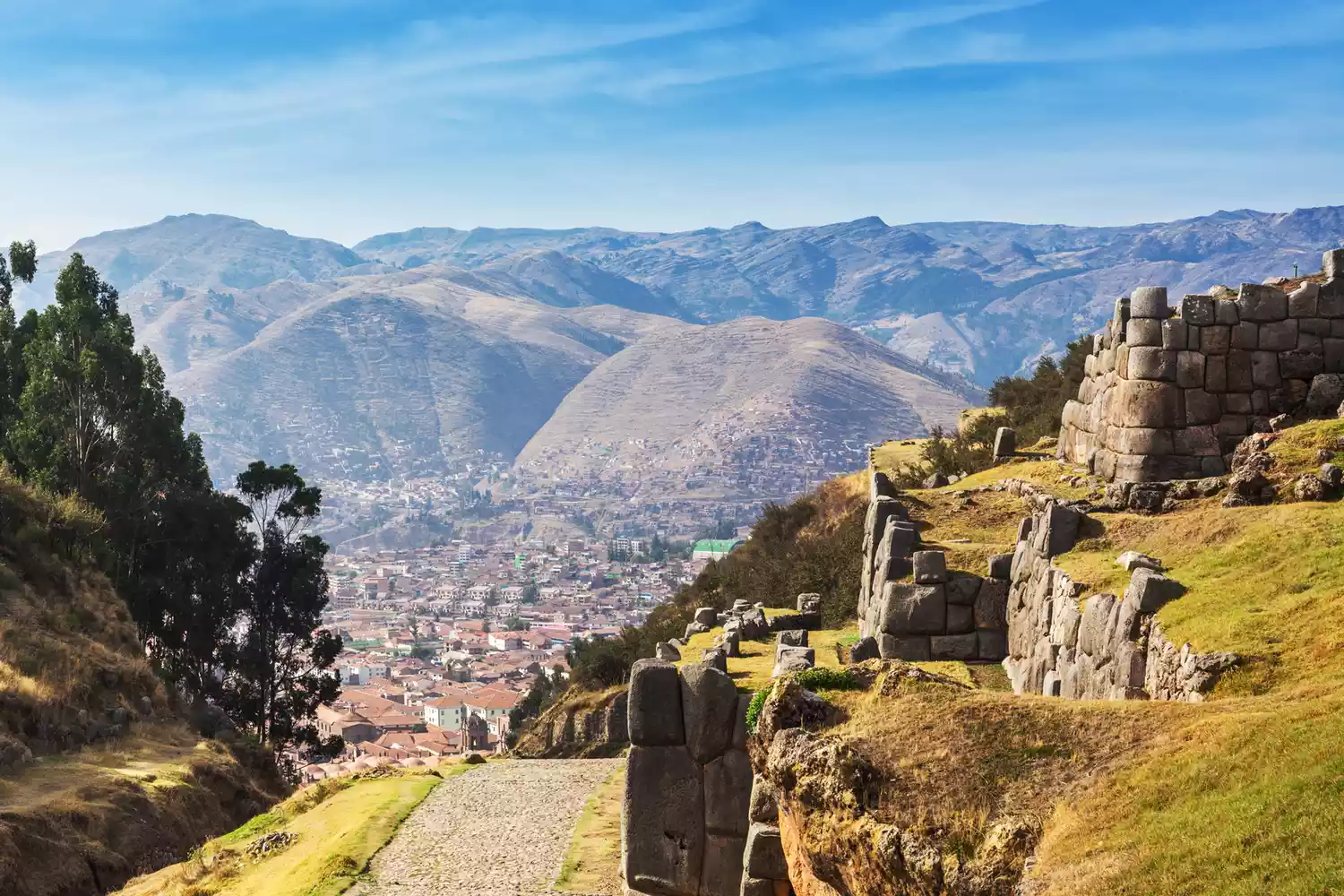 Panoramic view of Cusco, Peru from ancient mountain ruins