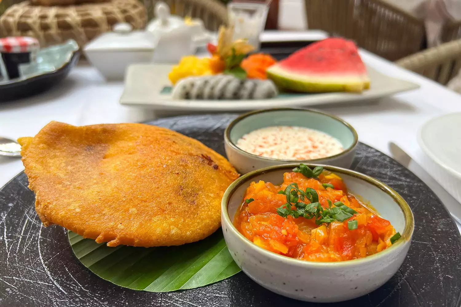 A gourmet Colombian breakfast arepa served at Ánima Restaurant.