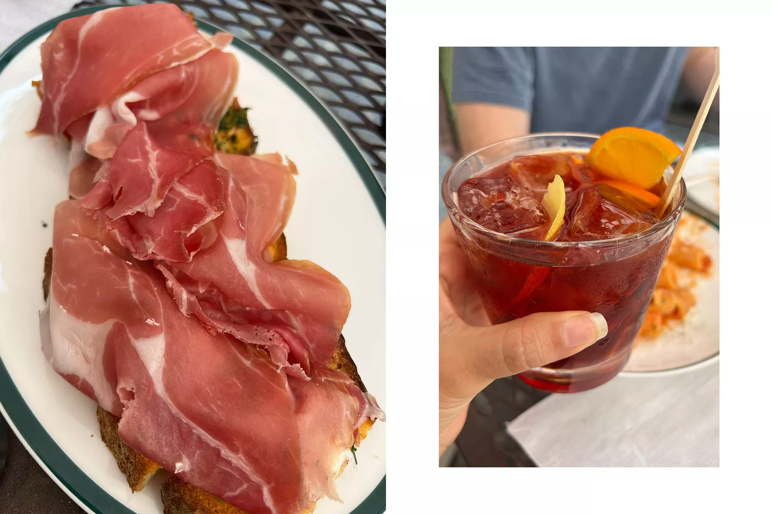 A fresh Negroni cocktail and a plate of premium prosciutto served at Hotel de Russie.