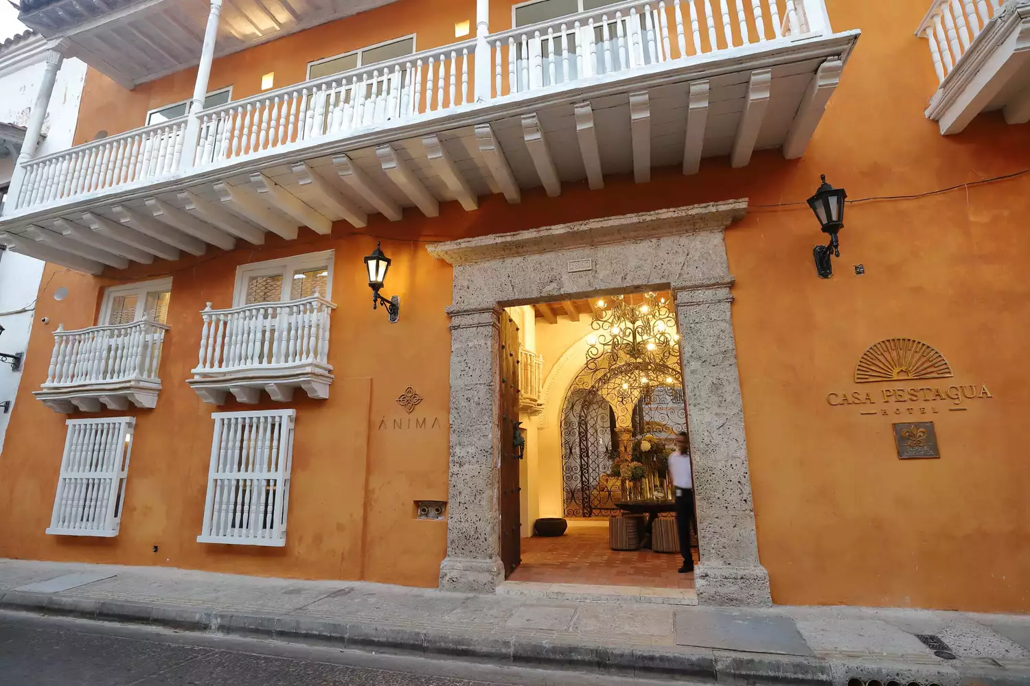 The grand stone exterior and entrance of Casa Pestagua, reflecting 18th-century Spanish architecture.