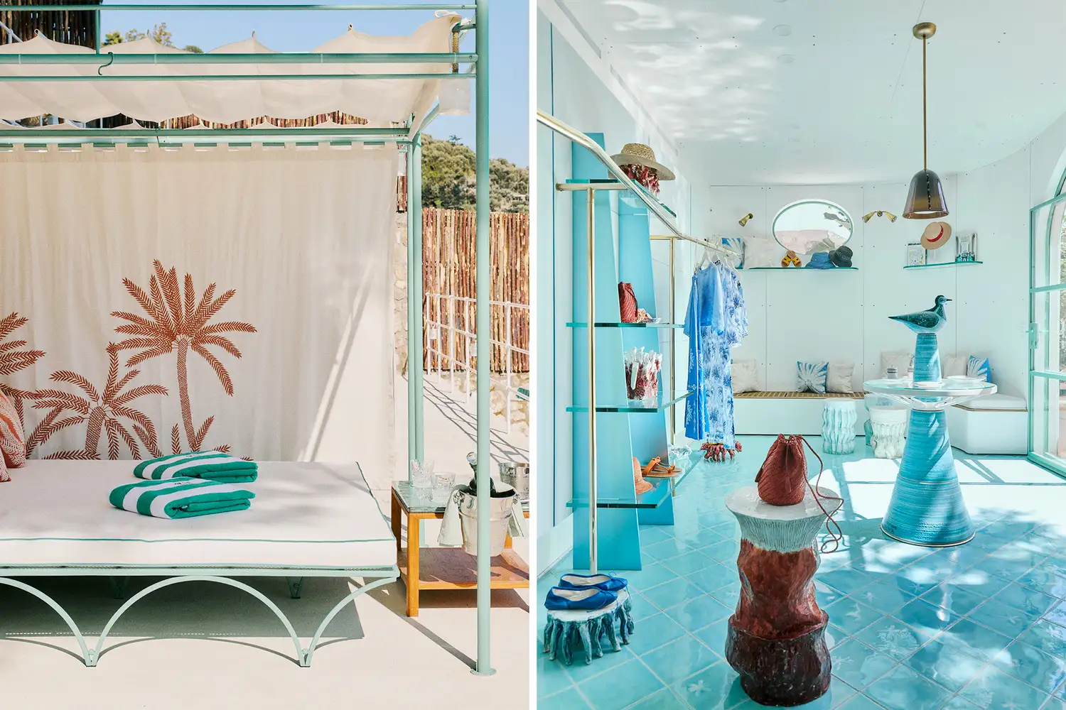 Collage showing sun loungers with patterned canopies and the interior of a luxury boutique with merchandise.