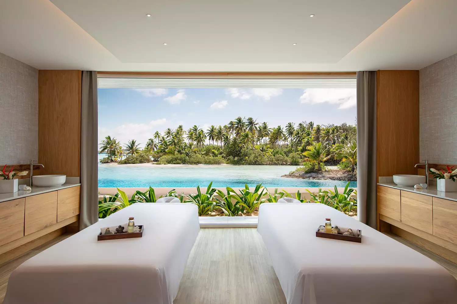 Interior of a spa treatment cabin overlooking the water at Westin Bora Bora.