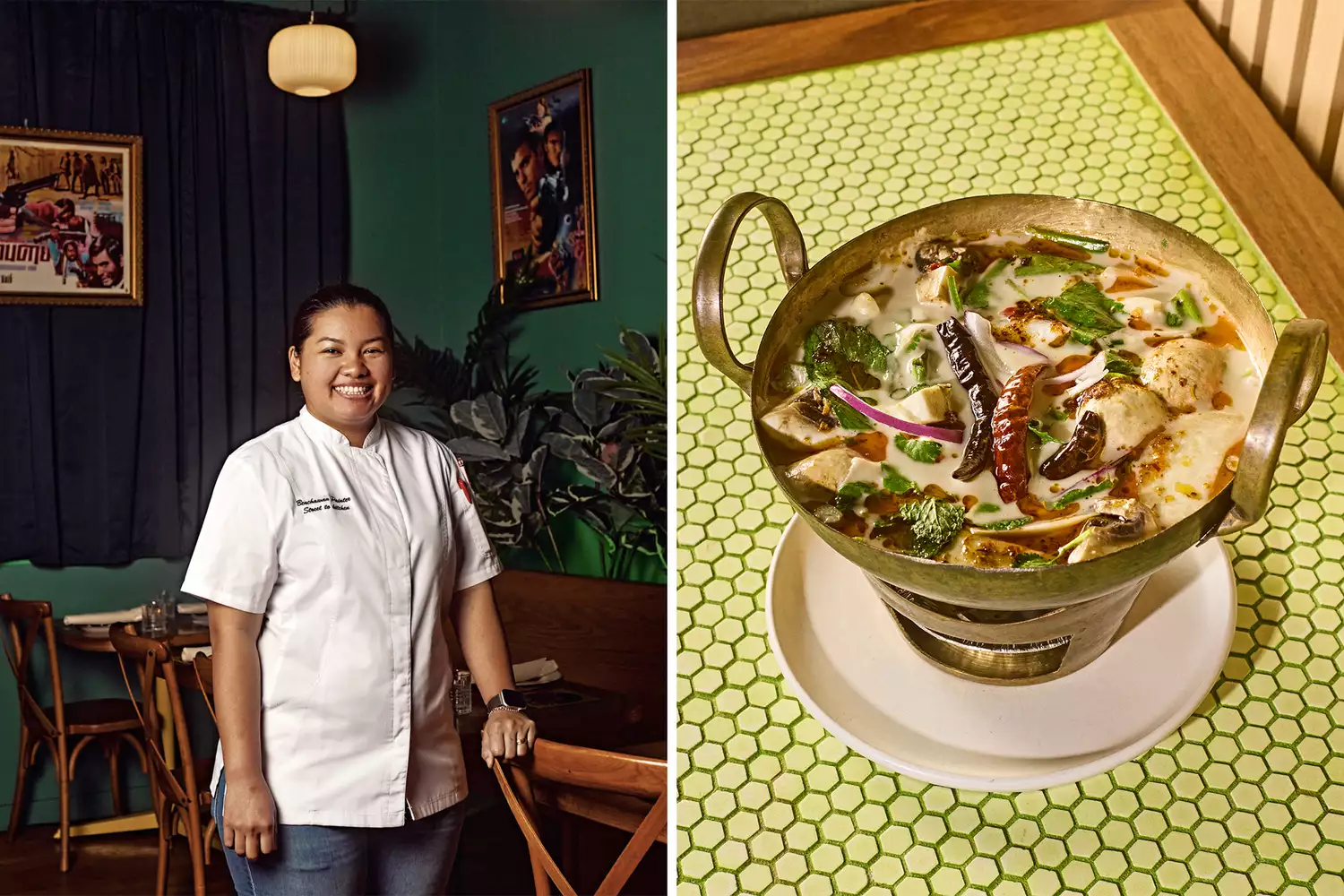 Chef Benchawan Jabthong Painter at Street to Kitchen and a bowl of aromatic green curry.