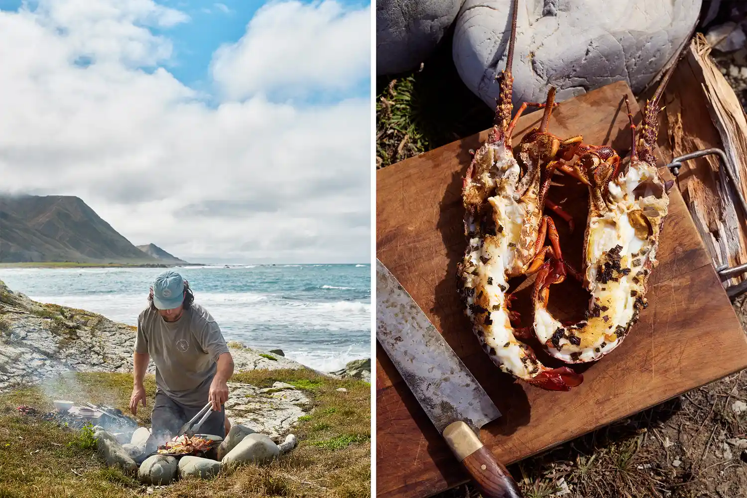 Two images: one of a man grilling on a rocky beach and another of fresh crayfish with seaweed butter.