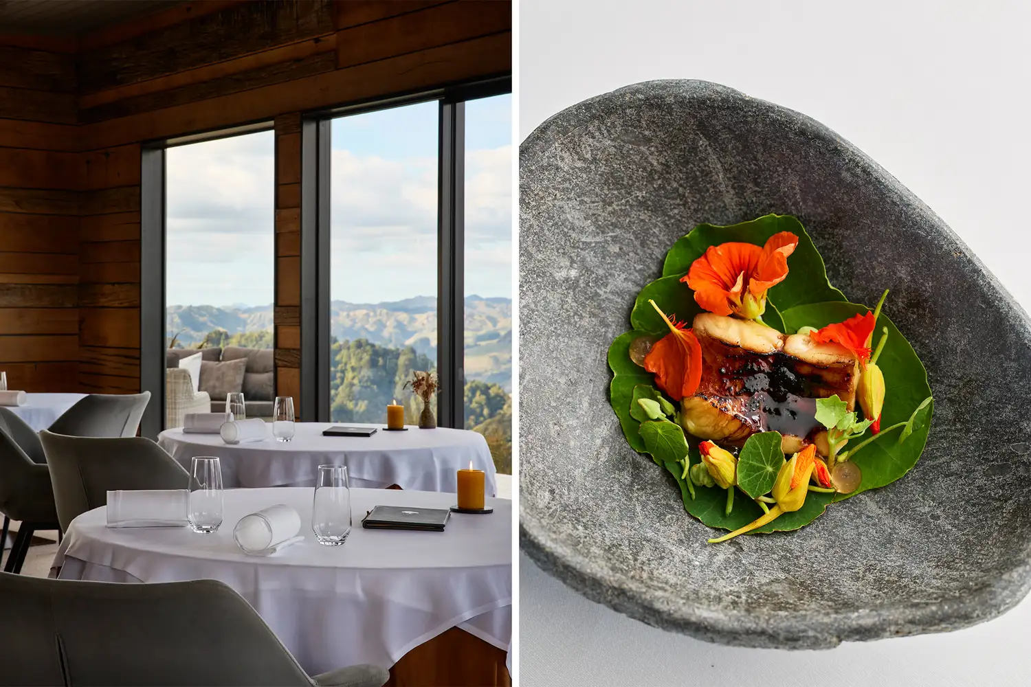 A photo of an intimate restaurant interior and a plated dish of eel garnished with orange flowers.