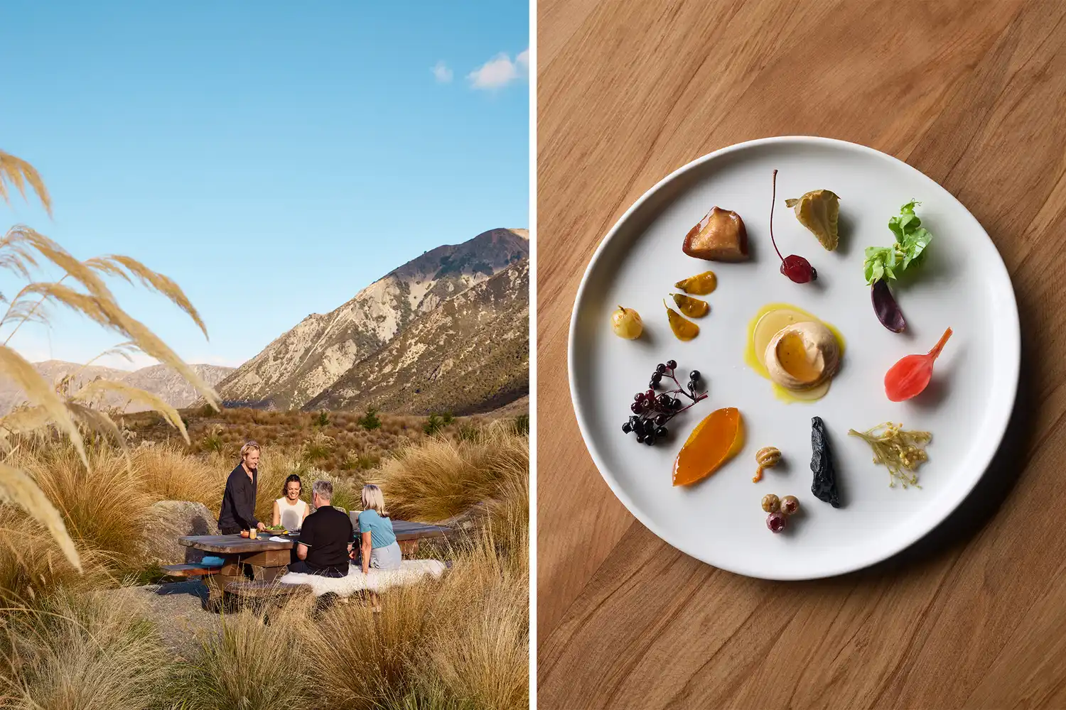 A split image showing an outdoor picnic setup in a mountain valley and a bowl of colorful pickled vegetables.