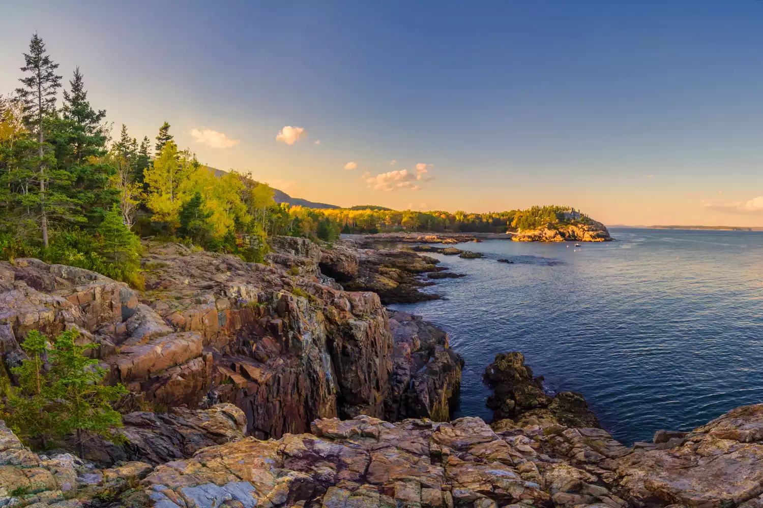 Panoramic view of the rocky coastline and Schooner Head in Acadia National Park on Mount Desert Island.
