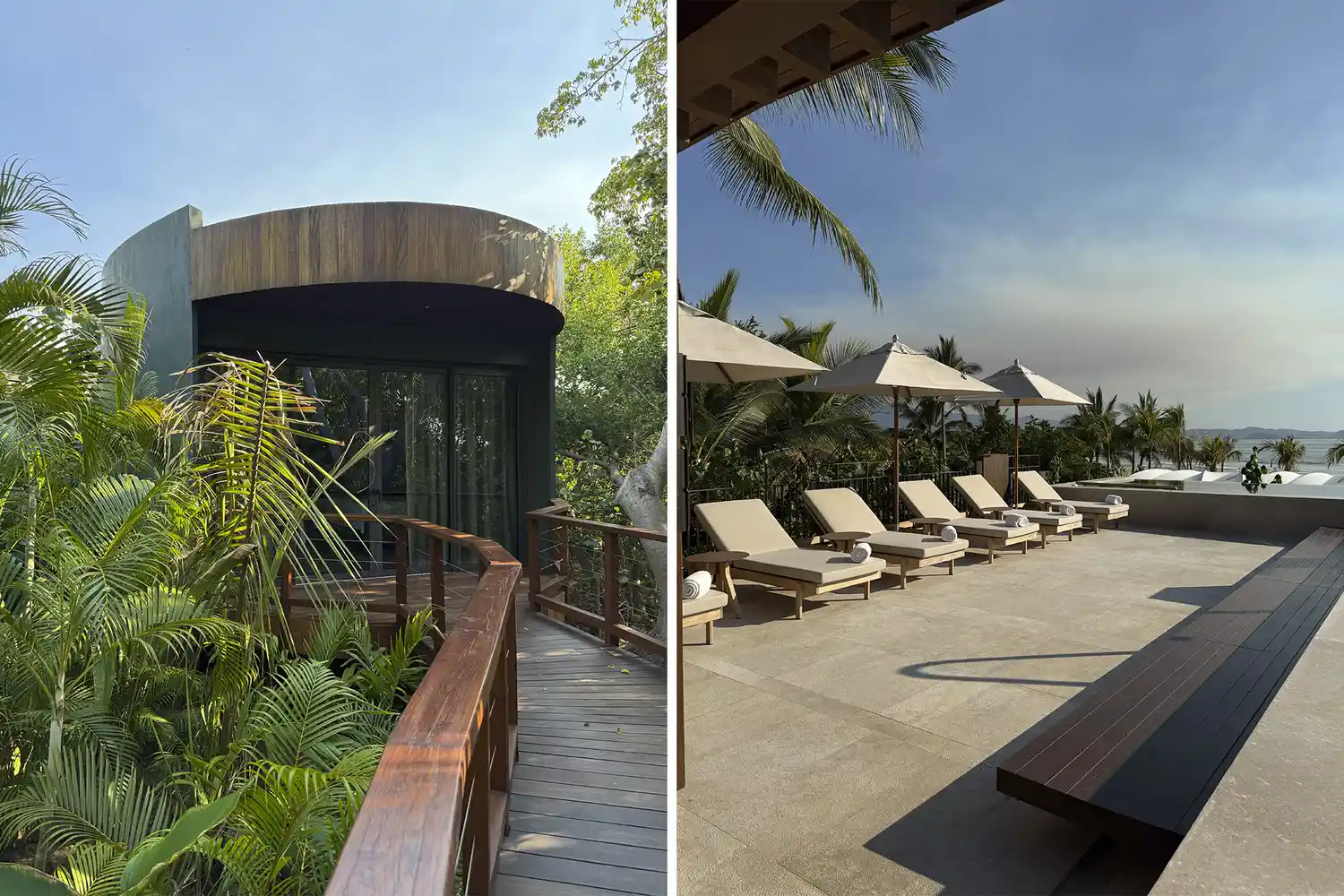 A split view showing a wooden spa palafito and a luxury pool terrace.