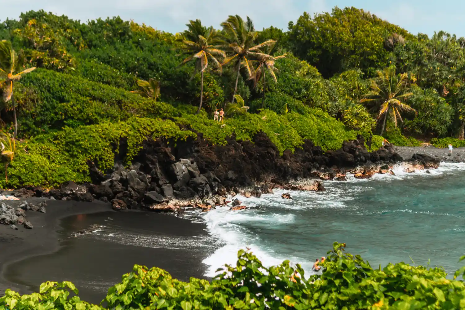 A tropical beach with black sand and palm trees along the shoreline on Maui.