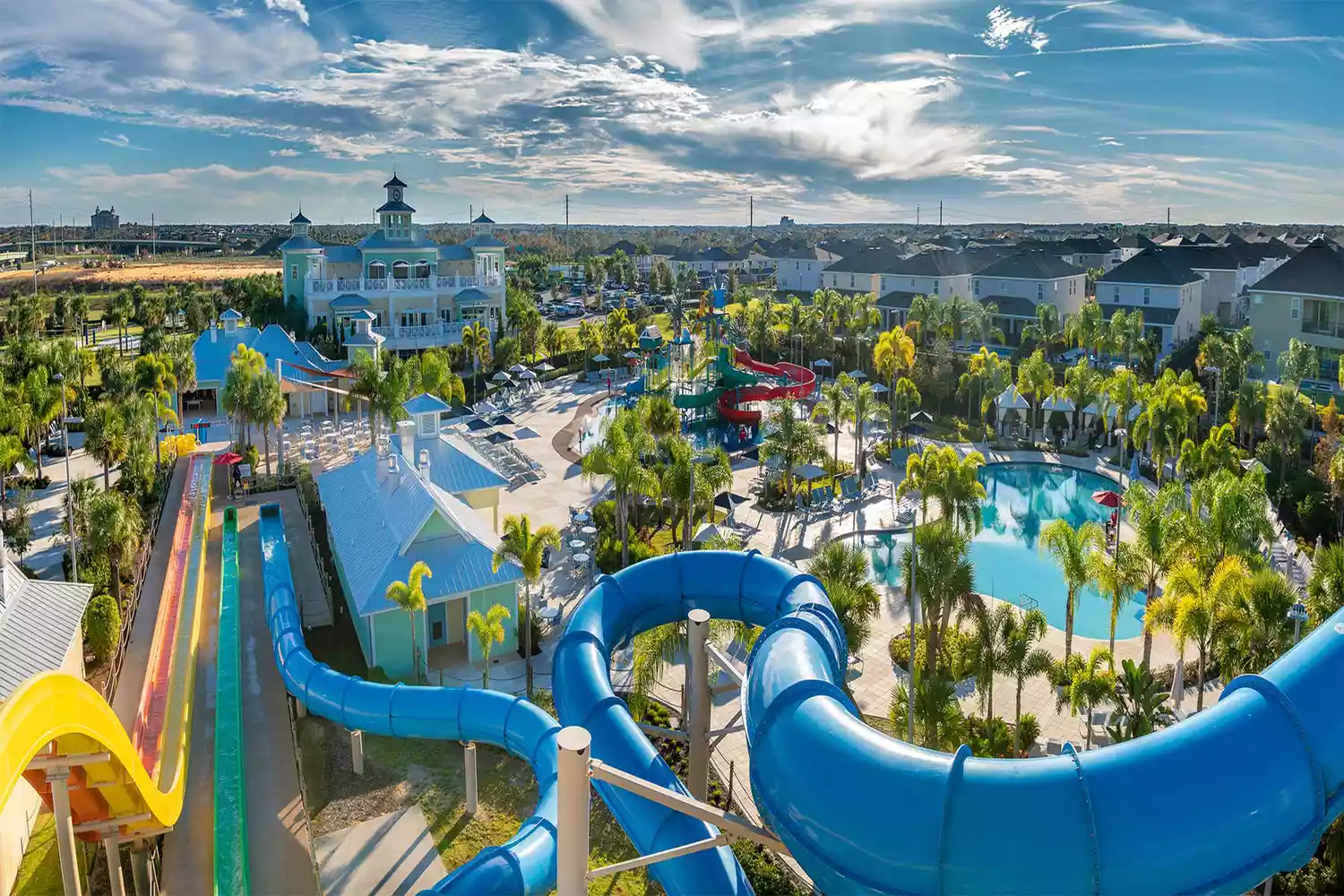 An colorful multi-slide water park structure at the Encore Resort at Reunion.