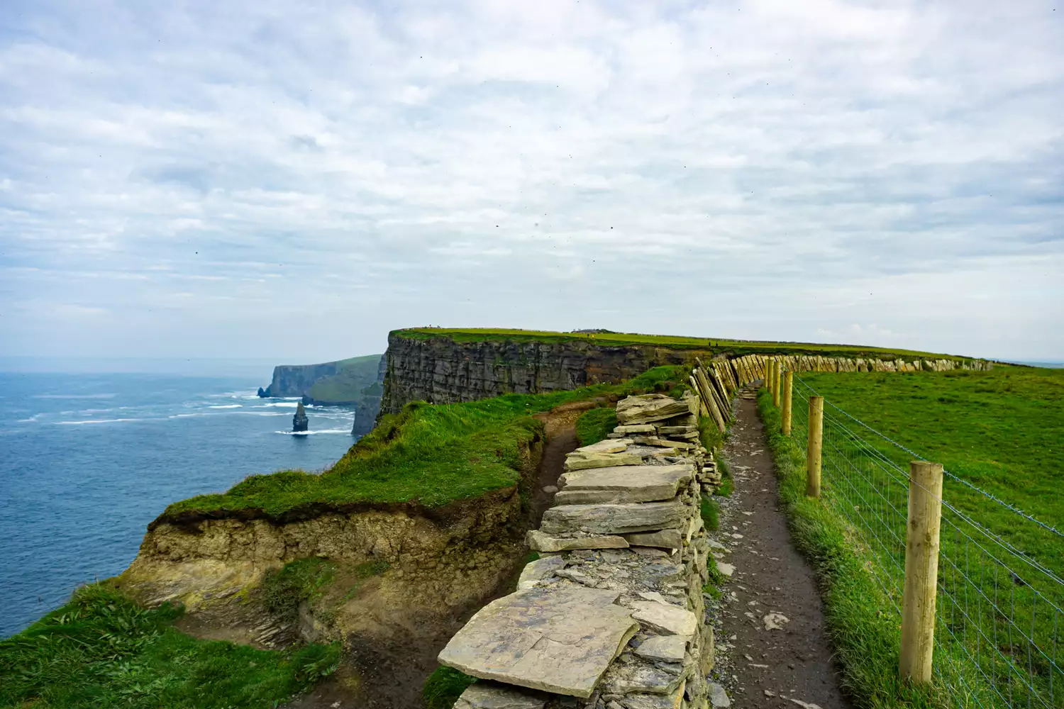 Visitors walking along a safe path at the edge of the high, sheer limestone Cliffs of Moher.