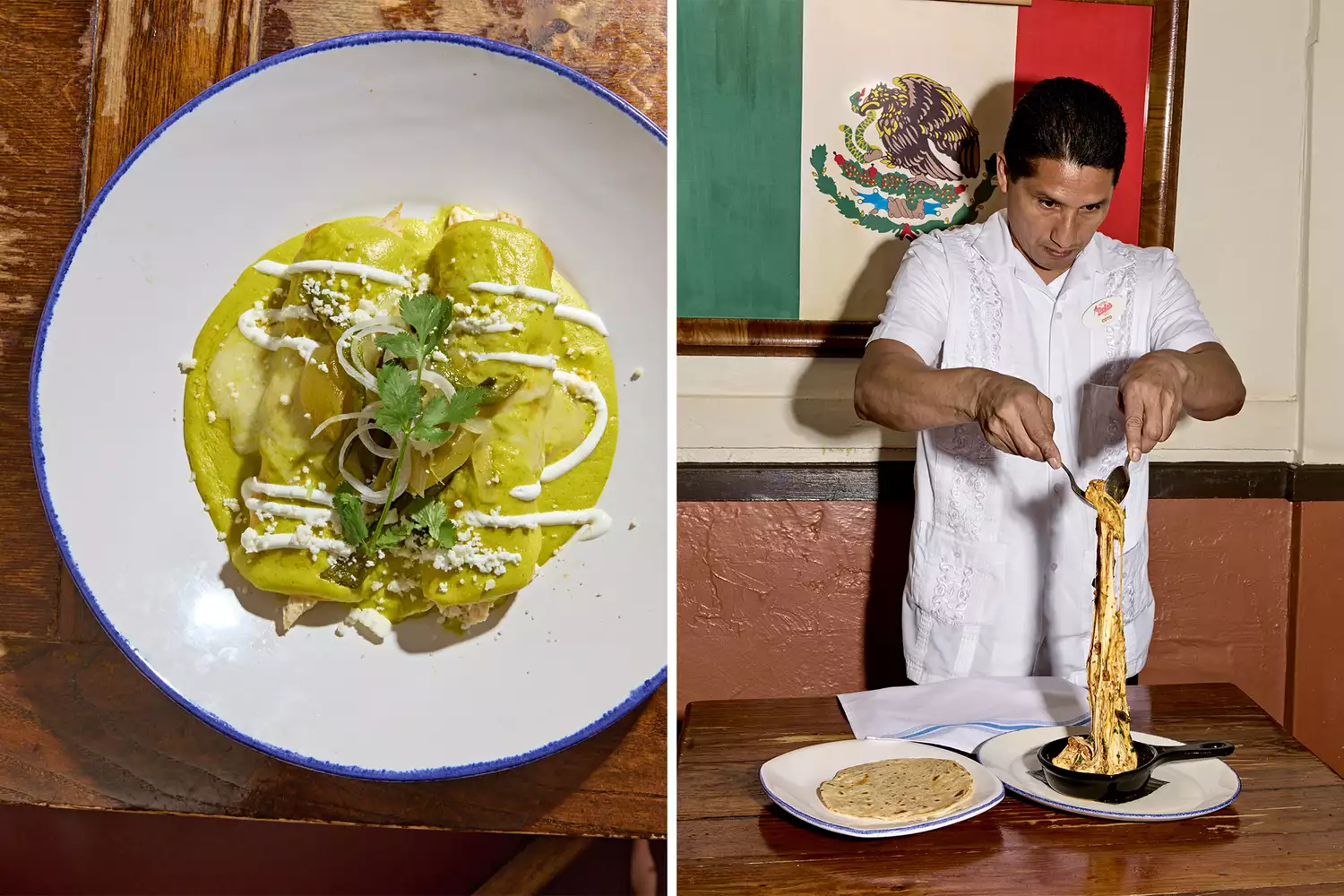 Close-up of green enchiladas and a server pulling melted cheese from a bowl of queso flameado.