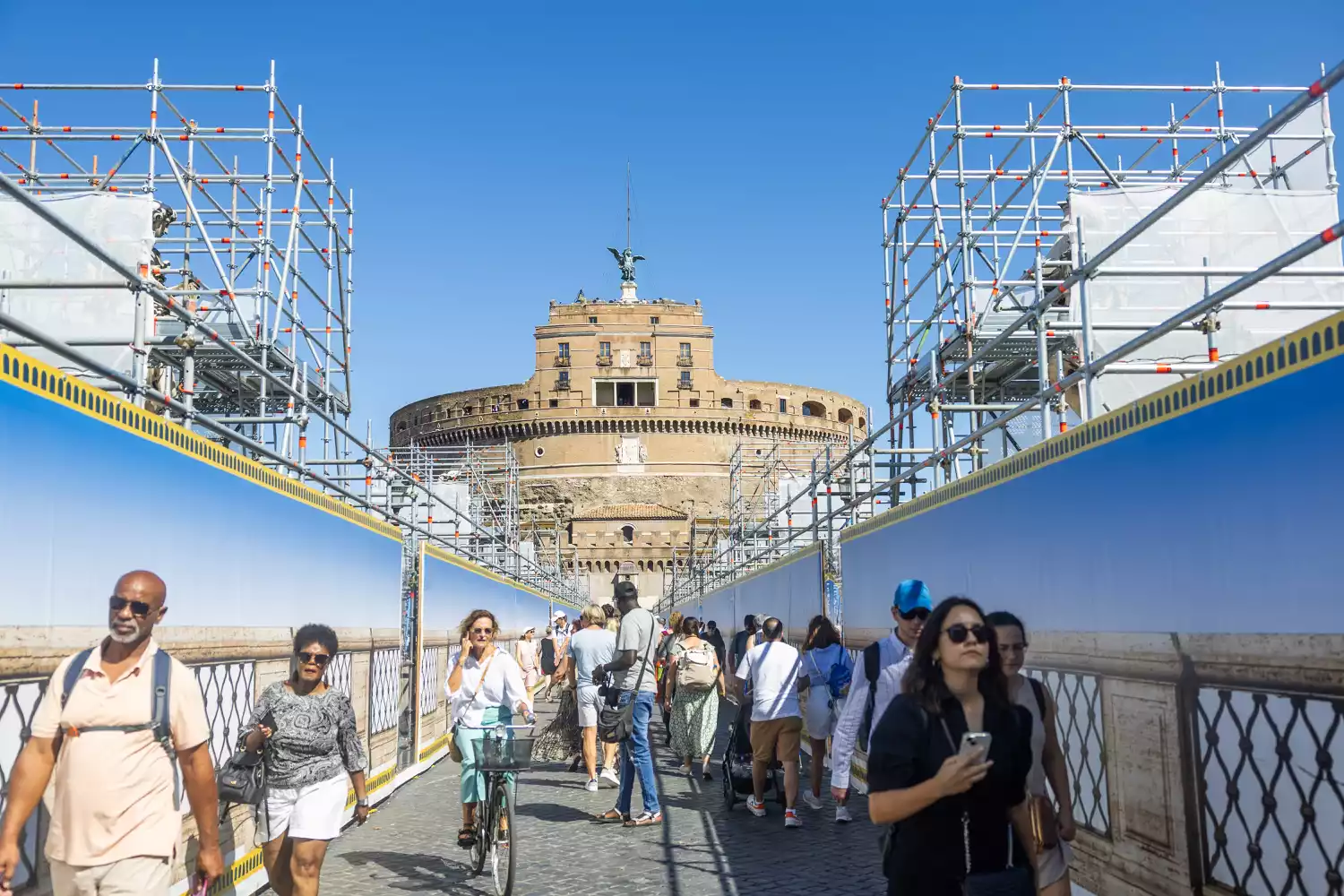 Restoration scaffolding and maintenance equipment at Castel Sant'Angelo in Rome.