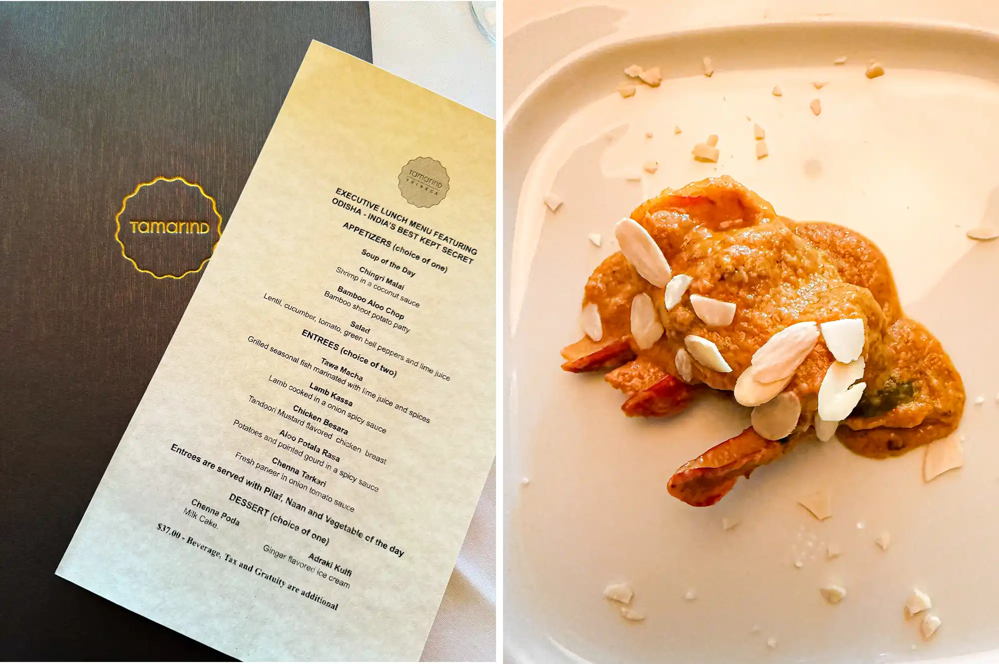 Gourmet Indian prawn dish with a nut-based topping served next to a restaurant menu.
