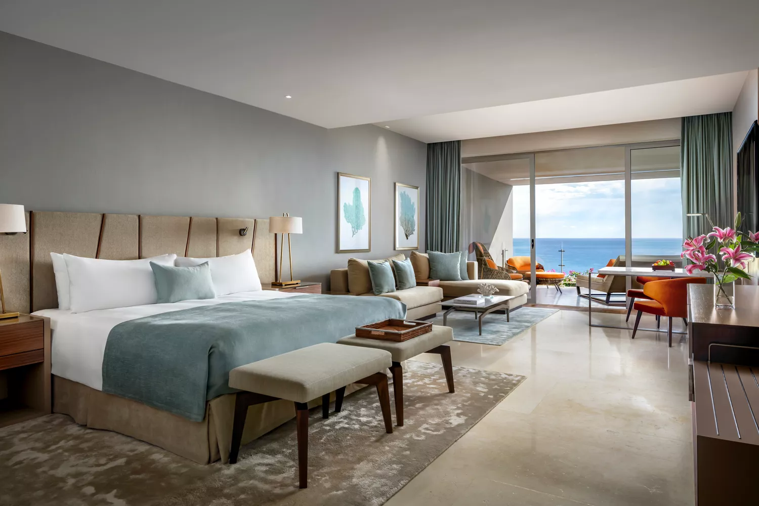 Sleek and modern guest room at Grand Velas Los Cabos with neutral tones.
