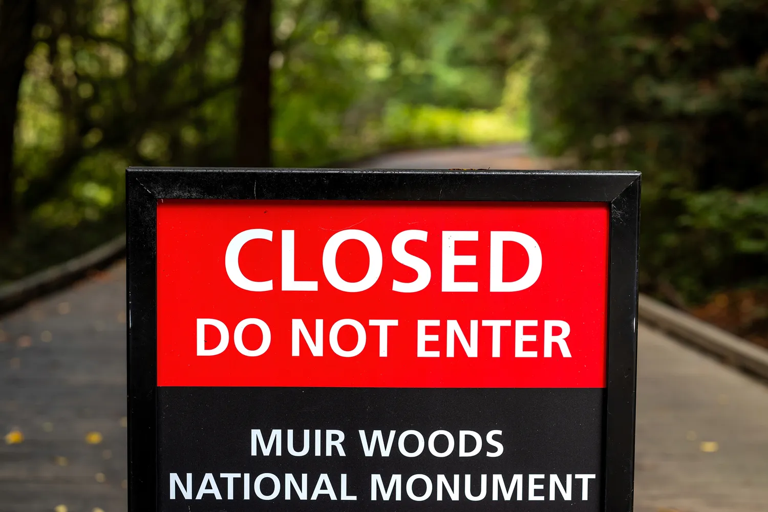 A 'Closed Do Not Enter' sign posted at the entrance gate of Muir Woods National Monument.