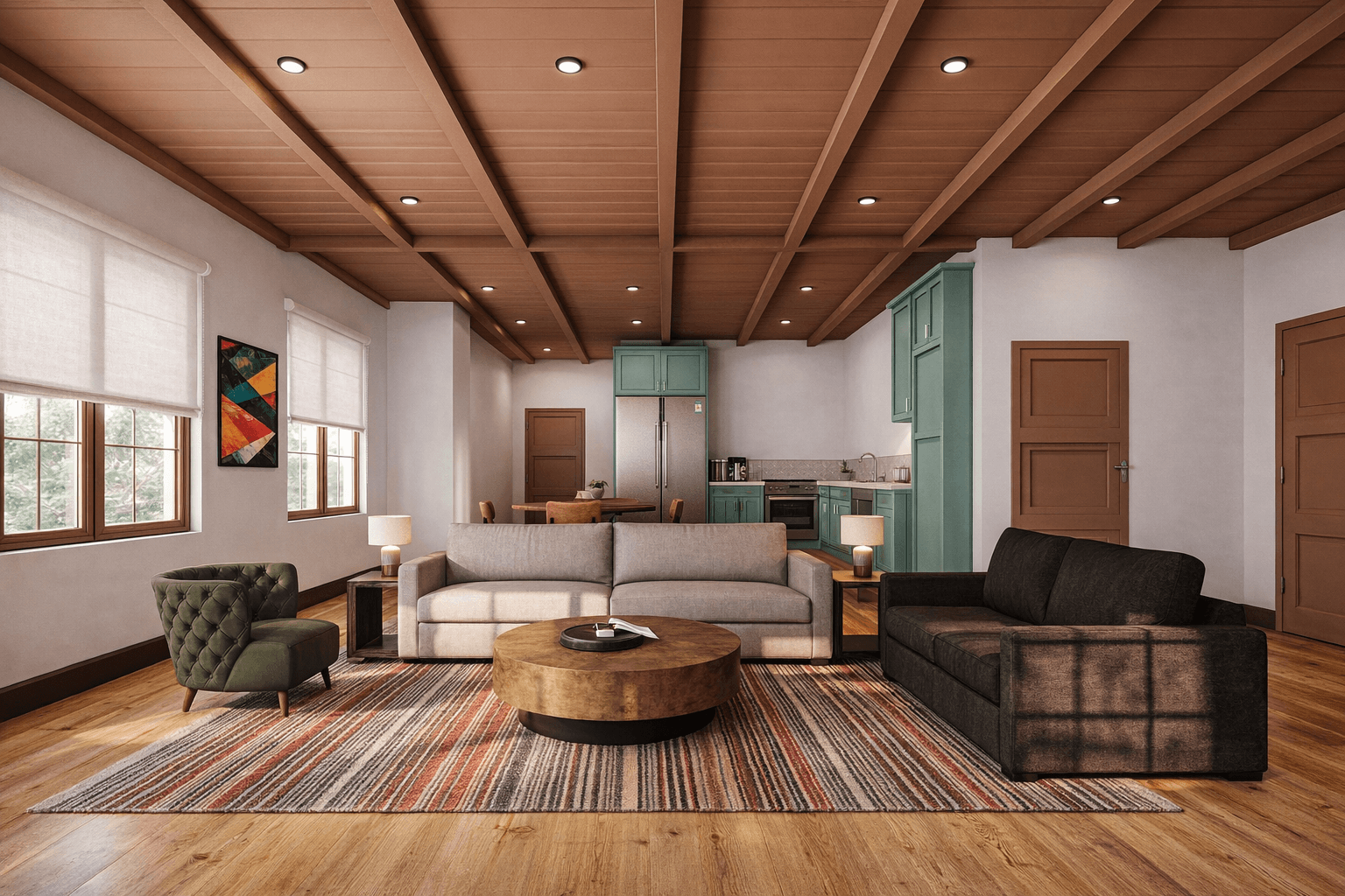 A luxurious living area featuring a modern coffee table, textured rug, and high-end furniture.