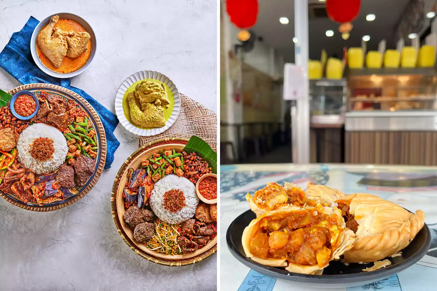 A collage showing a spread of Malay rice dishes and a close-up of a golden flaky curry puff.