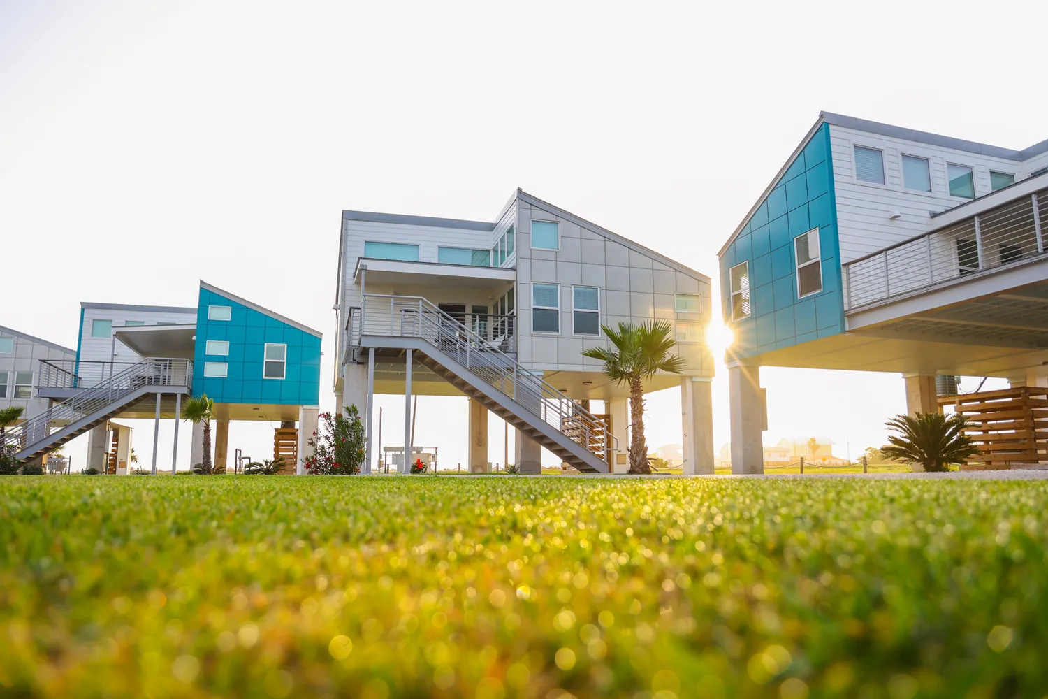 Modern waterfront bungalows at Matagorda Bay Nature Park along the riverfront