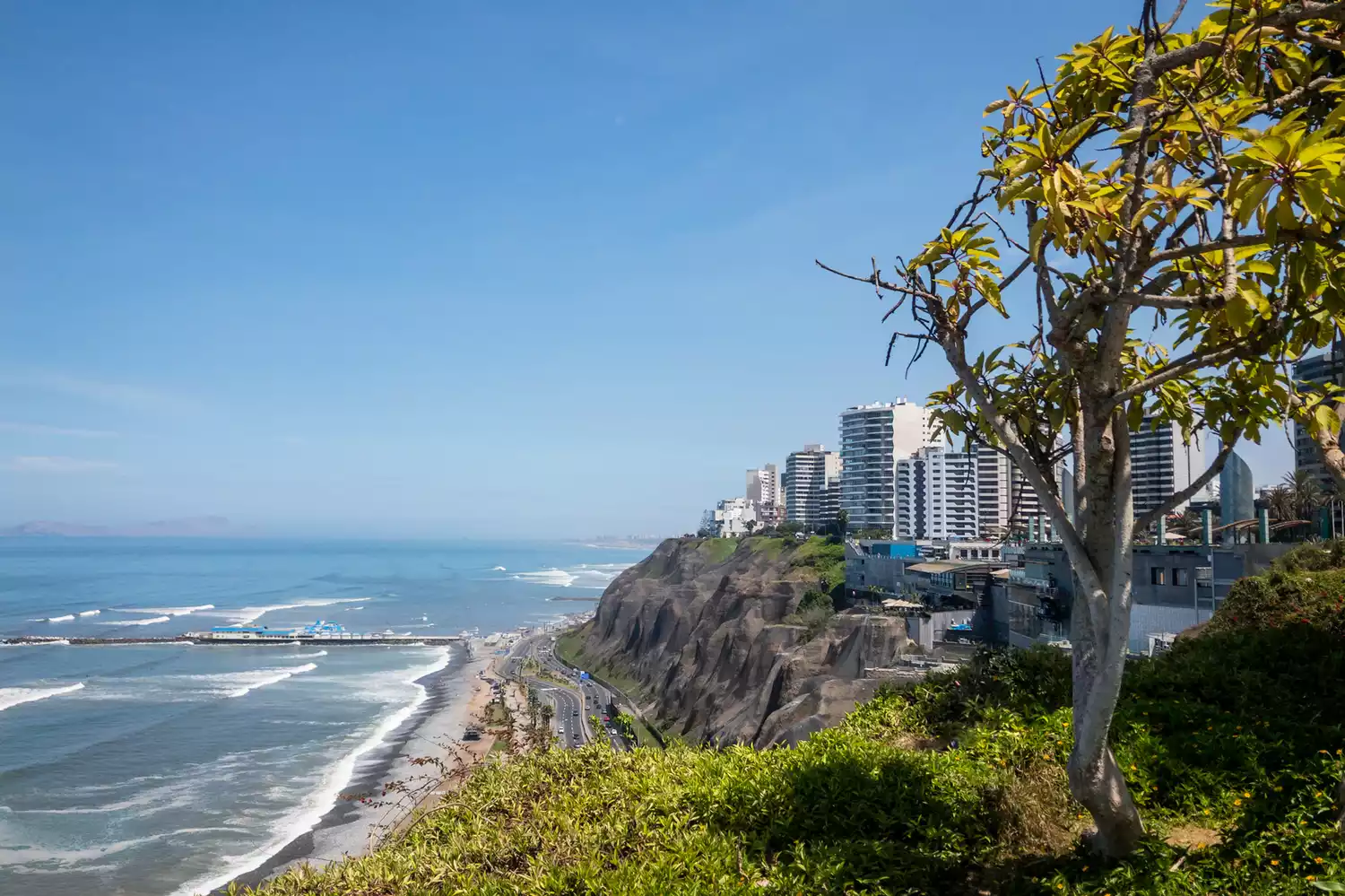 Oceanfront view of the Miraflores district cliffs in Lima, Peru